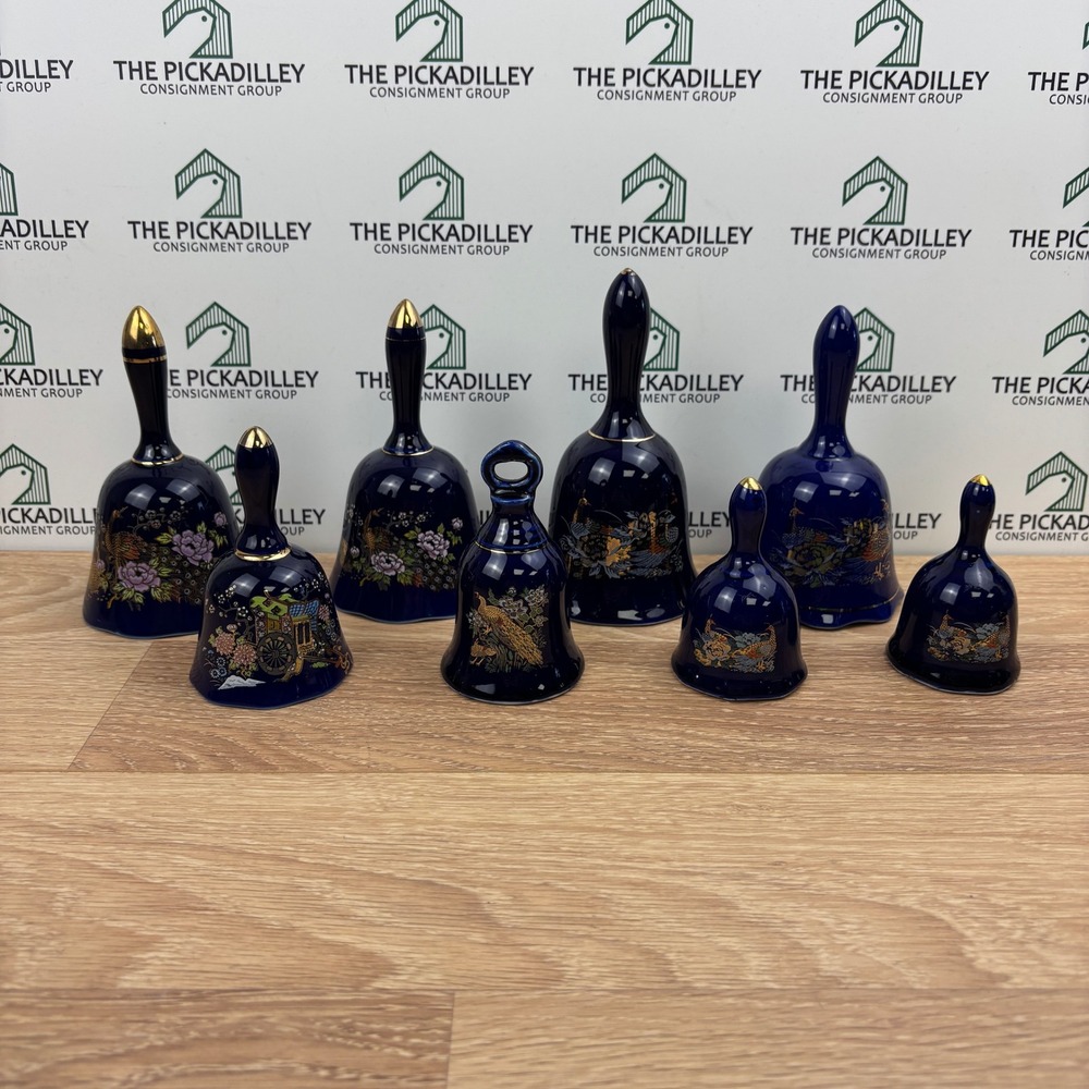 Vtg Cobalt Blue Porcelain Bells Set 8 Peacock Floral Gold Trim Japanese Style